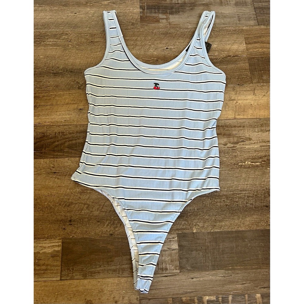 Polly & Esther Women's Blue/White Striped Bodysuit L Stretch Embroidered